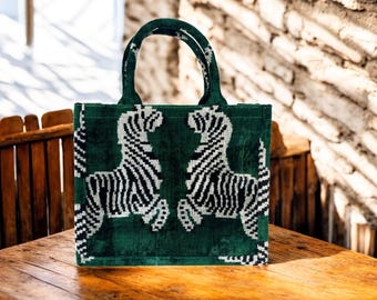 Handmade Silk Embroidered Ikat Tote Bag: Green Velvet Zebra Design