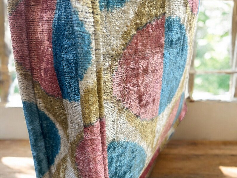 Handmade Silk Embroidered Ikat Velvet Tote Bag: Large Pastel Design image 5