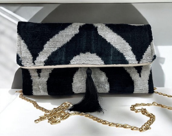 Weiß und Schwarze Handgemachte Seide Event Tasche mit Vielseitiger