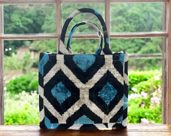 Handmade Silk Embroidered Velvet Tote Bag: Black & Blue Designer Bag