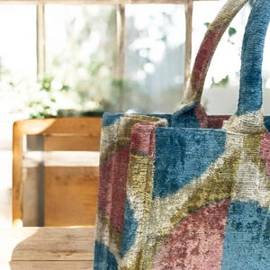 Handmade Silk Embroidered Ikat Velvet Tote Bag: Large Pastel Design image 10
