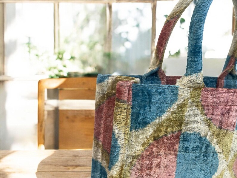 Handmade Silk Embroidered Ikat Velvet Tote Bag: Large Pastel Design image 10