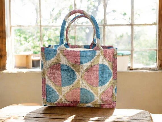 Handmade Silk Embroidered Ikat Velvet Tote Bag: Large Pastel Design