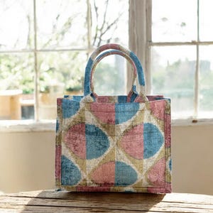 Handmade Silk Embroidered Ikat Velvet Tote Bag: Large Pastel Design image 8