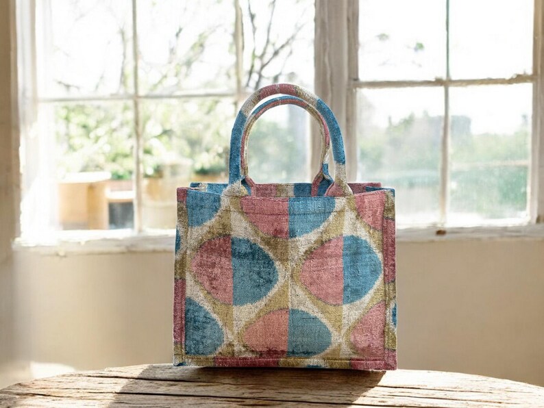 Handmade Silk Embroidered Ikat Velvet Tote Bag: Large Pastel Design image 8