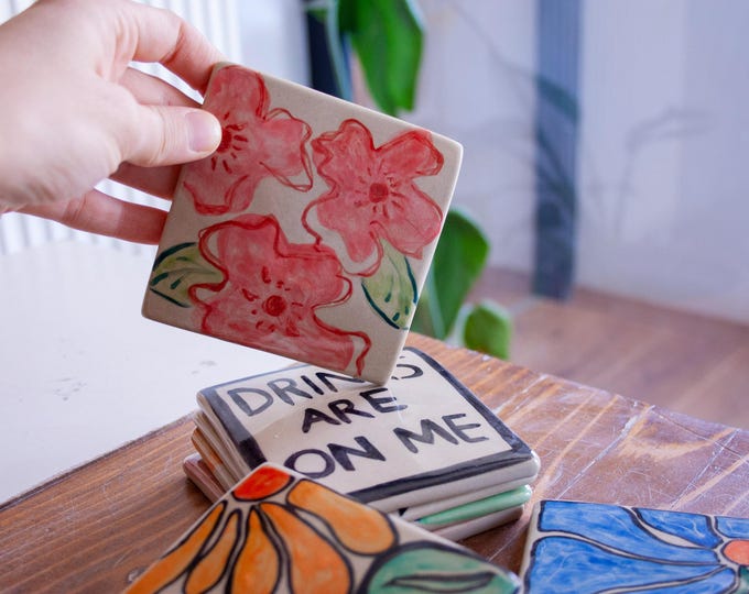 Hand-Painted Ceramic Coaster Set, Floral & Cheers Designs