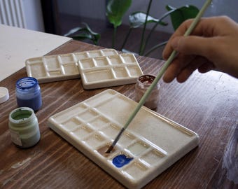 Handmade Ceramic Paint Palette Set – Ceramic Watercolor Palette – Artist Paint Mixing Tray – Pottery Palette for Artists – Gift for Painter