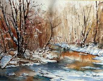 冬の風景 オリジナル水彩画 冬の水彩画 雪景色 木々 凍った川 - Etsy 日本