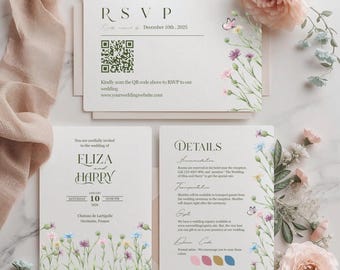 Modelo de convite de casamento com flores silvestres | Conjunto de convites de casamento | Modelo Canva | Convite de casamento editável | Convite floral em tons pastel