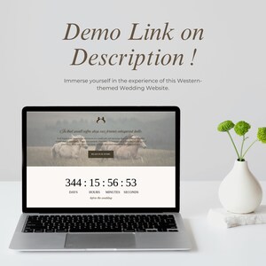 Puede incluir: Un port&aacute;til muestra un sitio web de bodas con un temporizador de cuenta regresiva y el texto "Demo Link on Description!". El sitio web presenta una escena pastoral con ovejas y las palabras "Read Our Story". Un jarr&oacute;n blanco con flores verdes est&aacute; a la derecha.