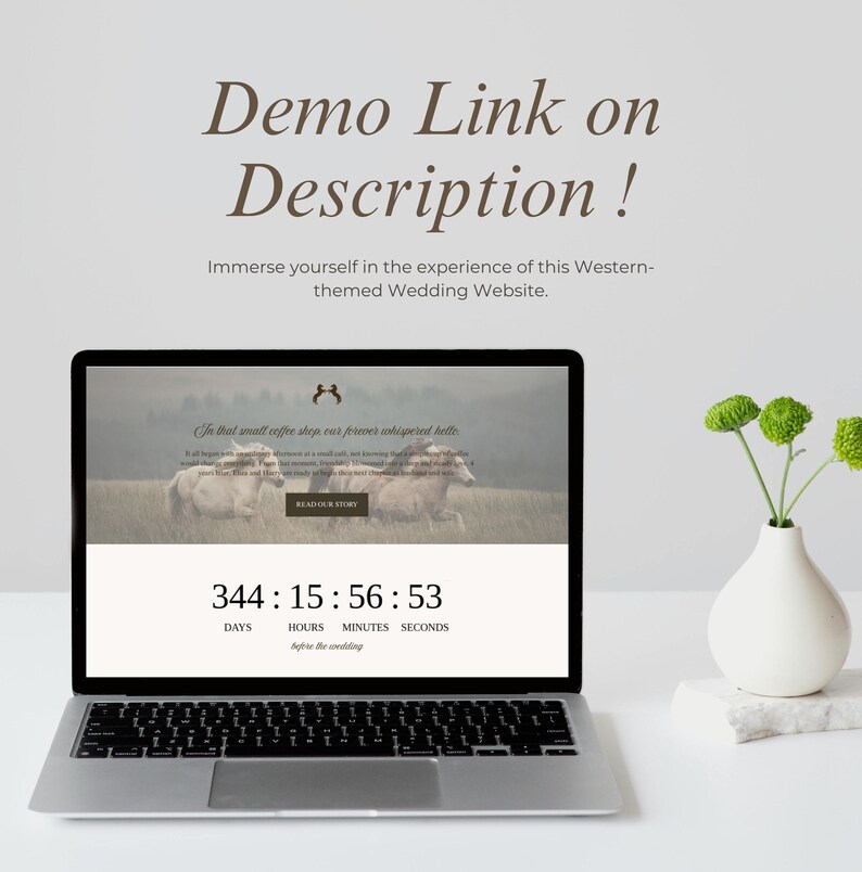 Puede incluir: Un port&aacute;til muestra un sitio web de bodas con un temporizador de cuenta regresiva y el texto "Demo Link on Description!". El sitio web presenta una escena pastoral con ovejas y las palabras "Read Our Story". Un jarr&oacute;n blanco con flores verdes est&aacute; a la derecha.