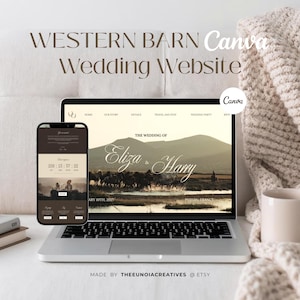 May include: A laptop and smartphone display a wedding website design. The website features a landscape photo with horses and the names "Eliza & Harry." The text "WESTERN BARN Wedding Website" is at the top. The Canva logo is visible.