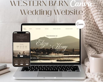 Plantilla de Canva para sitio web de boda en un establo de caballos del oeste, cuenta regresiva, confirmación de asistencia digital, invitación digital rústica y elegante de estilo vaquero.