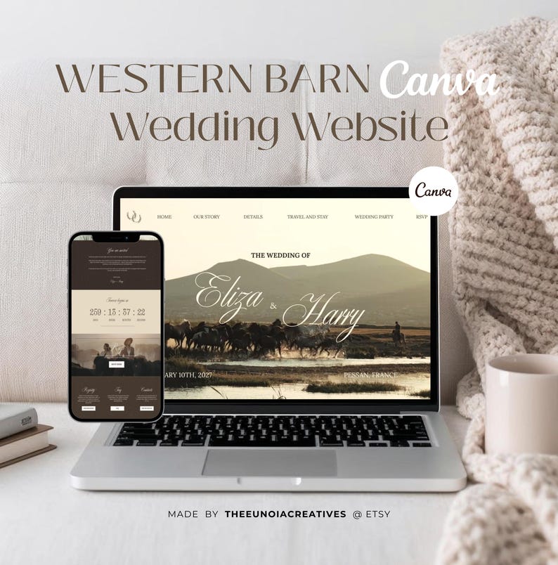 May include: A laptop and smartphone display a wedding website design. The website features a landscape photo with horses and the names "Eliza & Harry." The text "WESTERN BARN Wedding Website" is at the top. The Canva logo is visible.