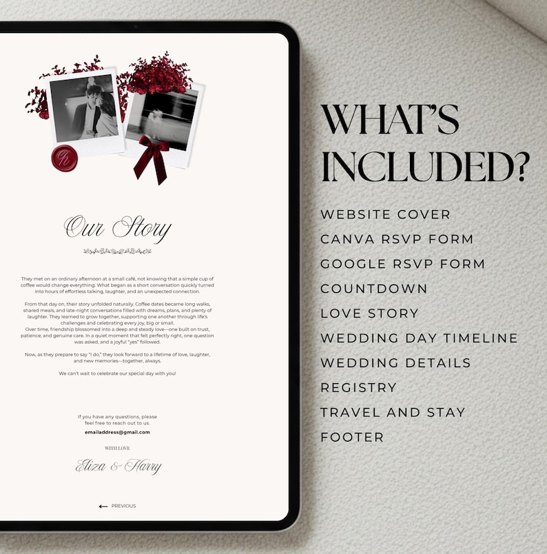 Modello di sito web per matrimoni in Canva color bordeaux e avorio con conferma di partecipazione (RSVP) e invito digitale con busta in stile classico "Old Money Forest". immagine 5