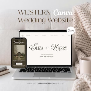Puede incluir: Un portátil y un smartphone que muestran un diseño de sitio web de bodas. La pantalla del portátil muestra "Eliza & Harry" y "Are Getting Married". El smartphone muestra "The Venue" y "Château de Lartigolle". El texto superior dice "Western Canva Wedding Website."