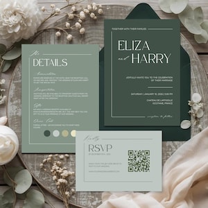 Op de afbeelding: Stijlvolle trouwkaartenset in groen en wit. Bevat een uitnodiging, een detailkaart en een RSVP-kaart. De uitnodiging toont de namen "Eliza en Harry" en evenementdetails. De RSVP-kaart heeft een QR-code.