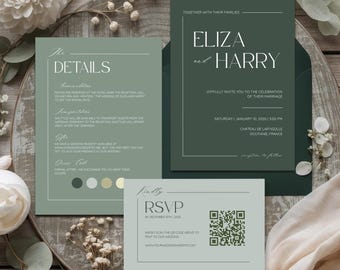 Canva Editable Sage Green Wedding Suite | Sage Wedding Invitations Template | Wedding Invite Set with QR Code | Modern 3 Piece Invite Bundle