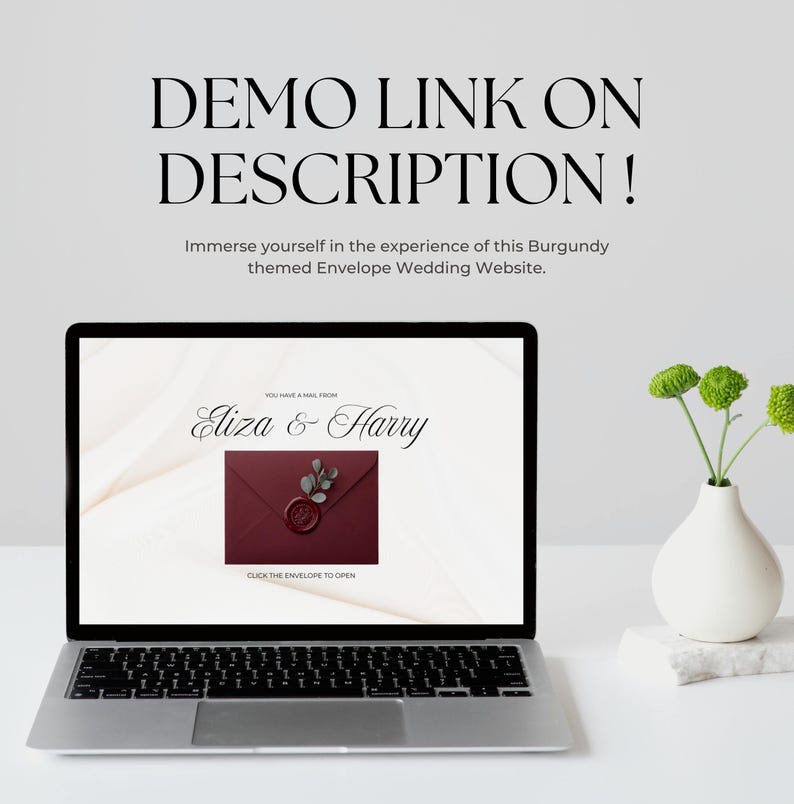 Pu&ograve; includere: Uno schermo di computer portatile che mostra un sito web di matrimonio con il testo DEMO LINK ON DESCRIPTION! Immerse yourself in the experience of this Burgundy themed Envelope Wedding Website. Lo schermo mostra Eliza & Harry con una busta bordeaux.