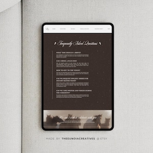 May include: A digital tablet displays a webpage with wedding-related FAQs. The page features headings like "What time should I arrive?" and "Can I bring a plus one?" The bottom of the page includes the text "We can't wait to celebrate with you."