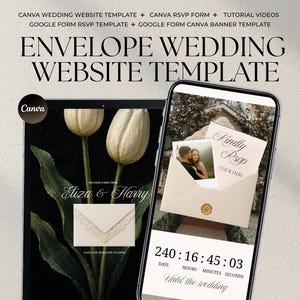 Può includere: Un modello di sito web per matrimoni digitale per Canva e Google Forms con sfondo nero, tulipani bianchi, una grafica a busta e un timer per il conto alla rovescia. Il testo include ENVELOPE WEDDING WEBSITE TEMPLATE, Eliza & Harry, Kindly RSVP e Click Here.