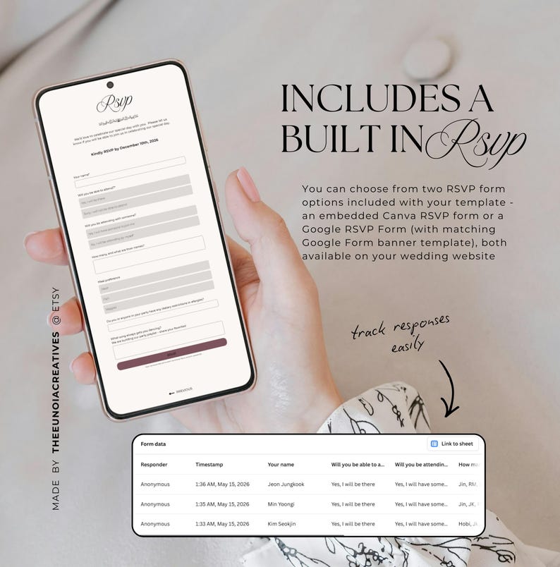Pu&ograve; includere: Uno smartphone che mostra un modello di modulo RSVP con campi per nomi degli ospiti, presenza e preferenze alimentari. Il testo recita: INCLUDES A BUILT IN Rsvp. Scegli tra un modulo Canva incorporato o un modulo Google. Monitora facilmente le risposte.