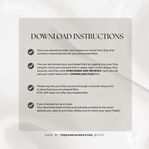 Pu&ograve; includere: Un grafico informativo beige chiaro intitolato DOWNLOAD INSTRUCTIONS con quattro punti elenco contrassegnati da segni di spunta. Il testo spiega come accedere ai file digitali acquistati tramite e-mail, account Etsy, browser o checkout ospite.
