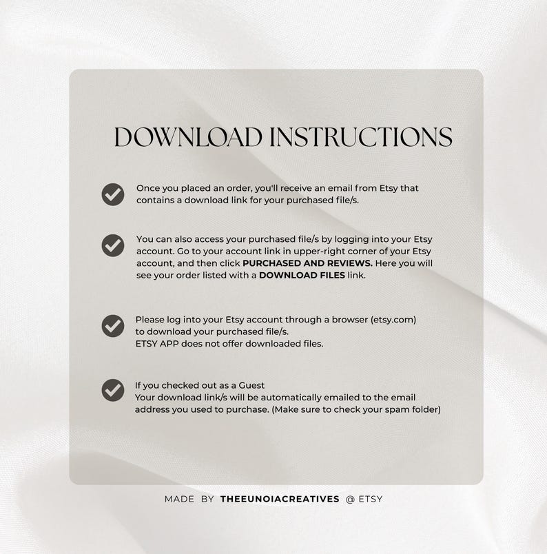 Pu&ograve; includere: Un grafico informativo beige chiaro intitolato DOWNLOAD INSTRUCTIONS con quattro punti elenco contrassegnati da segni di spunta. Il testo spiega come accedere ai file digitali acquistati tramite e-mail, account Etsy, browser o checkout ospite.