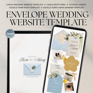 Può includere: Un modello di sito web per matrimoni digitale per Canva e Google Forms visualizzato su due dispositivi mobili. Gli schermi presentano buste azzurre, accenti floreali e testo tra cui "Envelope Wedding Website Template" e "Eliza & Harry."