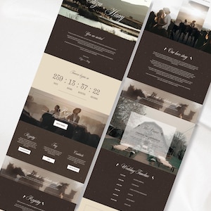May include: Two website mockups with a wedding theme. The design features a neutral color palette with brown and beige tones. Text includes the names "Eliza & Harry", a countdown timer, and wedding details.