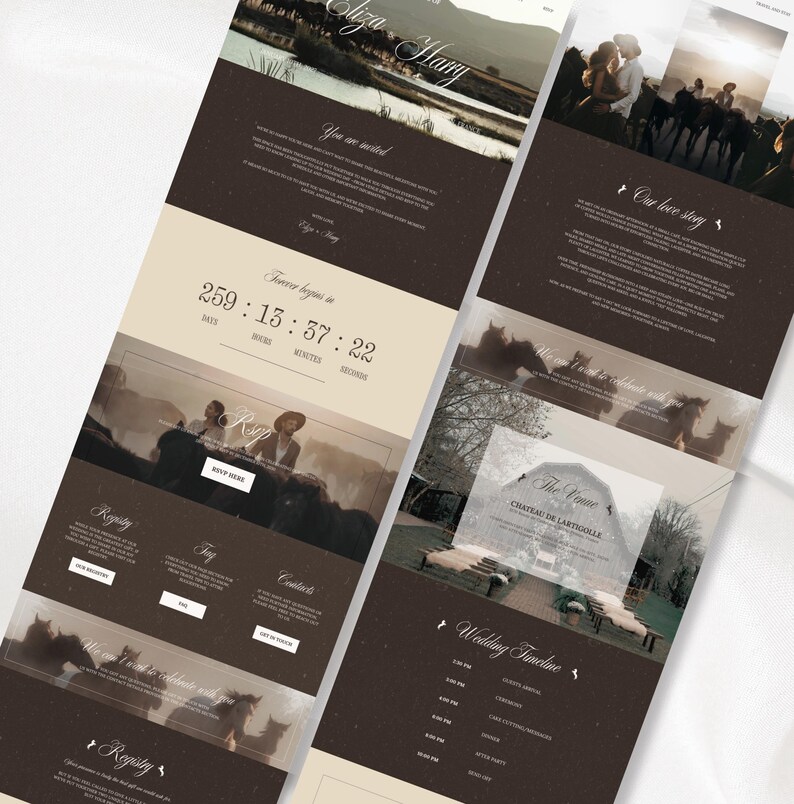 May include: Two website mockups with a wedding theme. The design features a neutral color palette with brown and beige tones. Text includes the names "Eliza & Harry", a countdown timer, and wedding details.