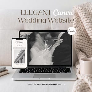 Può includere: Un laptop e uno smartphone mostrano un design di sito web di matrimonio. Lo schermo del laptop mostra una foto in bianco e nero di una coppia, con i nomi "Eliza & Harry" e le iniziali "E & H". Lo smartphone mostra una pagina di location per matrimoni.