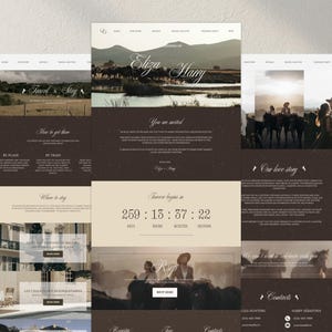 May include: A website design with a wedding theme. The design features a neutral color palette with images of horses, landscapes, and couples. Text includes "Eliza & Harry", "Travel & Stay", and a countdown timer.