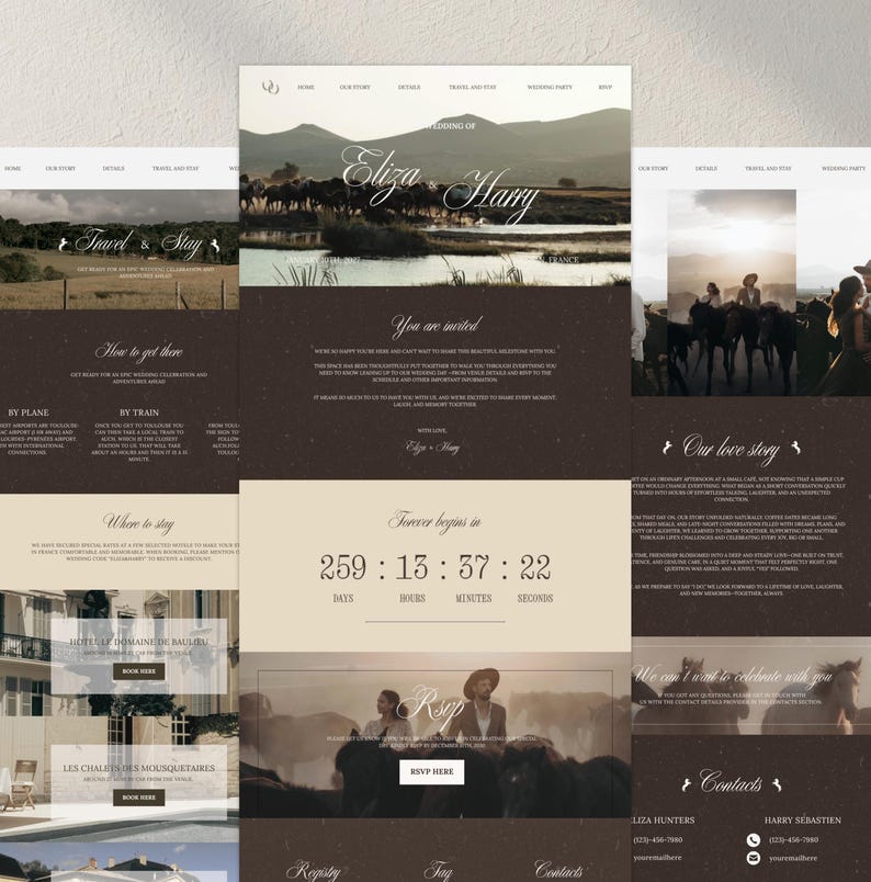 May include: A website design with a wedding theme. The design features a neutral color palette with images of horses, landscapes, and couples. Text includes "Eliza & Harry", "Travel & Stay", and a countdown timer.
