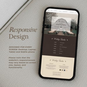 May include: A smartphone displays a wedding website design with a timeline and venue details. The screen shows a responsive design, optimized for desktop, laptop, tablet, and mobile devices. Text on the screen includes "The Venue" and "Wedding Timeline."