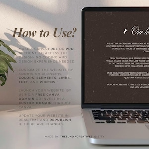 May include: A laptop displaying website design instructions. The screen shows text about customizing a website using Canva, with steps on adding colors, elements, and text. The text "How to Use?" is at the top left.