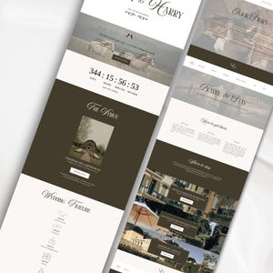 Puede incluir: Dise&ntilde;o de sitio web para una boda, con una paleta de colores neutros con elementos marrones y blancos. El dise&ntilde;o incluye secciones para el lugar, la l&iacute;nea de tiempo y la informaci&oacute;n de viaje. El texto incluye los nombres "Ella & Harry" y un temporizador de cuenta regresiva.