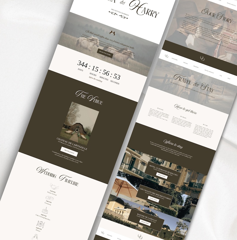 Puede incluir: Dise&ntilde;o de sitio web para una boda, con una paleta de colores neutros con elementos marrones y blancos. El dise&ntilde;o incluye secciones para el lugar, la l&iacute;nea de tiempo y la informaci&oacute;n de viaje. El texto incluye los nombres "Ella & Harry" y un temporizador de cuenta regresiva.