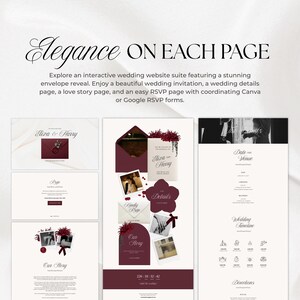 Pu&ograve; includere: Una suite di siti web per matrimoni digitali con il testo Elegance ON EACH PAGE. Il layout include una rivelazione della busta, invito, pagina dei dettagli, pagina della storia d'amore e modulo RSVP con accenti bordeaux, fiori e foto.