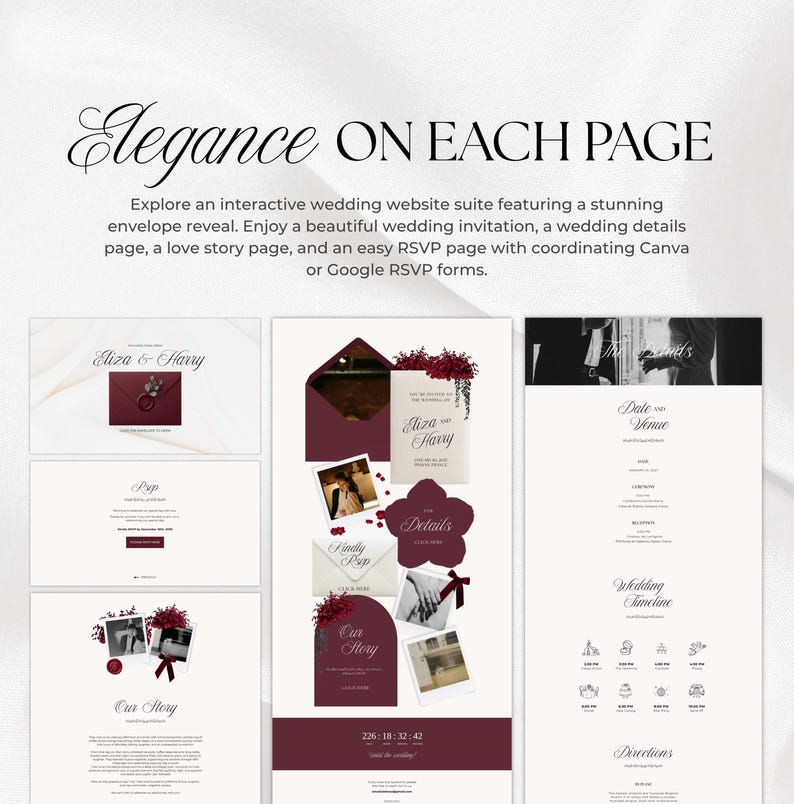 Pu&ograve; includere: Una suite di siti web per matrimoni digitali con il testo Elegance ON EACH PAGE. Il layout include una rivelazione della busta, invito, pagina dei dettagli, pagina della storia d'amore e modulo RSVP con accenti bordeaux, fiori e foto.