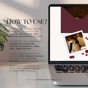 Pu&ograve; includere: Uno schermo di un portatile mostra un modello digitale con il testo HOW TO USE? e le istruzioni per un account Canva. Lo schermo presenta una grafica di una busta bordeaux, una foto in stile polaroid di una coppia e piccoli accenti floreali.