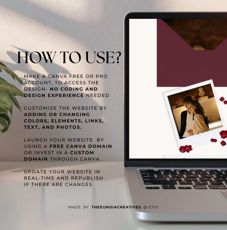 Pu&ograve; includere: Uno schermo di un portatile mostra un modello digitale con il testo HOW TO USE? e le istruzioni per un account Canva. Lo schermo presenta una grafica di una busta bordeaux, una foto in stile polaroid di una coppia e piccoli accenti floreali.
