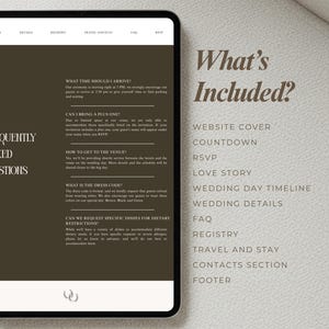 Puede incluir: Una tableta digital muestra un sitio web de bodas con detalles, registro e informaci&oacute;n de viaje. El lado derecho enumera las caracter&iacute;sticas del sitio web: portada, cuenta regresiva, RSVP, historia de amor, cronograma de la boda, detalles, preguntas frecuentes, registro, viajes, contactos y pie de p&aacute;gina.