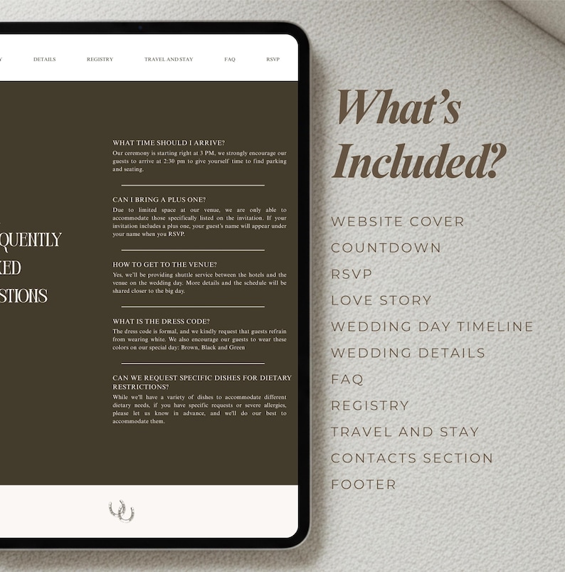 Puede incluir: Una tableta digital muestra un sitio web de bodas con detalles, registro e informaci&oacute;n de viaje. El lado derecho enumera las caracter&iacute;sticas del sitio web: portada, cuenta regresiva, RSVP, historia de amor, cronograma de la boda, detalles, preguntas frecuentes, registro, viajes, contactos y pie de p&aacute;gina.
