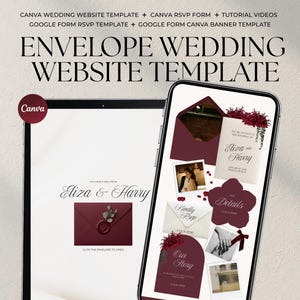 May include: A digital wedding website template displayed on a tablet and smartphone. The design features a burgundy envelope with a wax seal, floral accents, and text including "Eliza & Harry," "Kindly RSVP," "Our Story," and "Details."