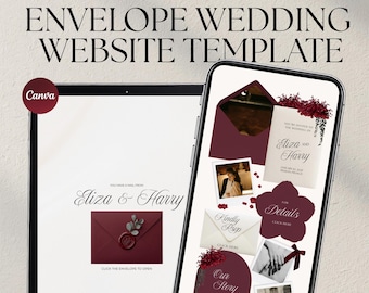 Burgundy and Ivory Canva Wedding Website Template with RSVP, Classic Old Money Forest Envelope Digital Invitation