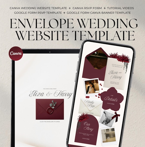 Burgundy and Ivory Canva Wedding Website Template with RSVP, Classic Old Money Forest Envelope Digital Invitation