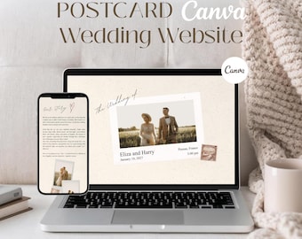 Postcard Wedding Website Canva Template, Online RSVP, Classic Retro Vintage Beige Digital Invitation (Digital Download)