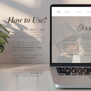 Puede incluir: Un port&aacute;til muestra un sitio web con el texto &laquo;Nuestra historia&raquo; e instrucciones sobre c&oacute;mo usar Canva. Las instrucciones incluyen agregar colores, elementos, enlaces, texto y fotos.