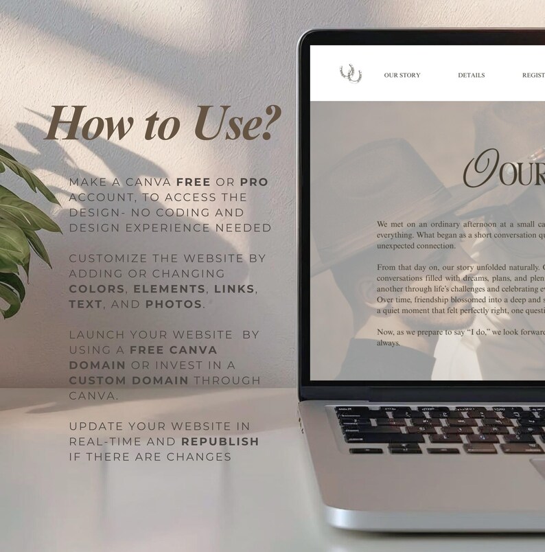 Puede incluir: Un port&aacute;til muestra un sitio web con el texto &laquo;Nuestra historia&raquo; e instrucciones sobre c&oacute;mo usar Canva. Las instrucciones incluyen agregar colores, elementos, enlaces, texto y fotos.
